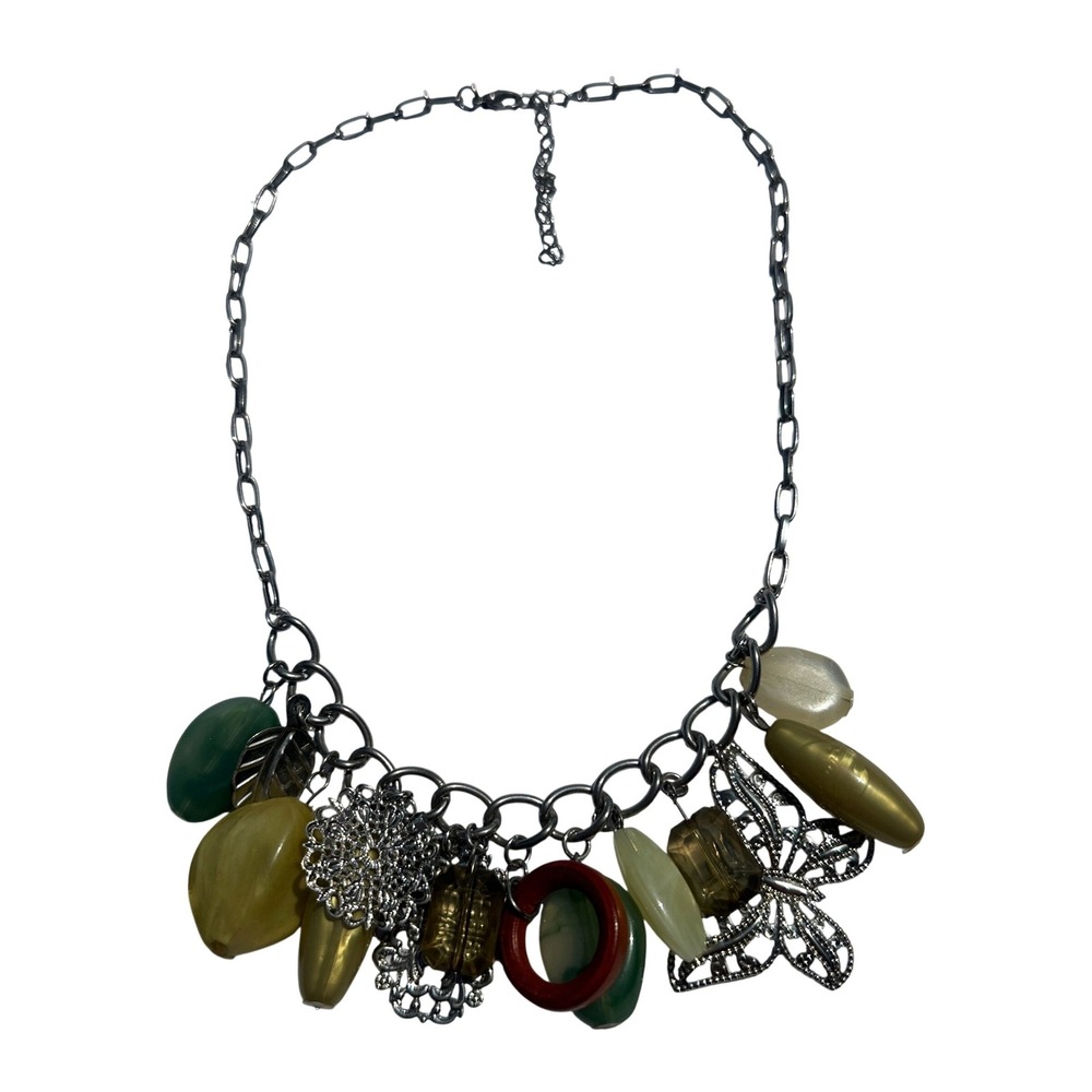 Fairy Silver Chunky Charm Necklace Green Bead Butterfly Leafโ Boho Whimsical